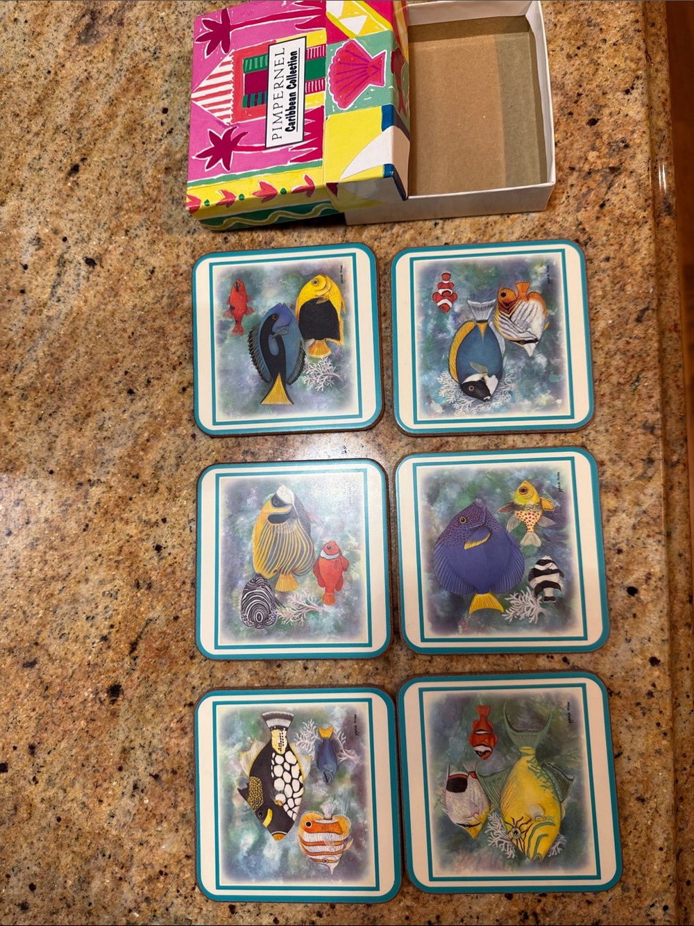 Pimpernel Coasters with Teal-Edged Colorful Tropical Fish Artwork